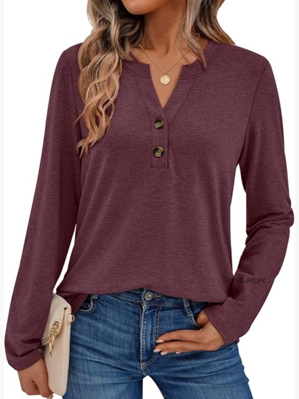 Long Sleeve V-Neck Blouse, Polyester Rayon Spandex, Loose Fit Work Casual